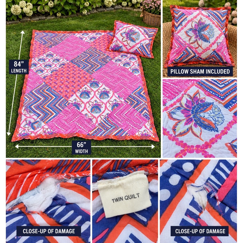 Anthropologie Twin Cutter Quilt + Sham 66x84 Boho Block Print Fabric AS IS Fair